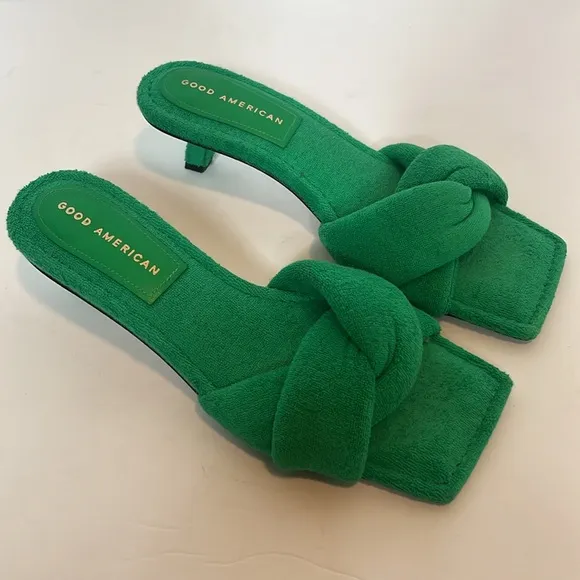 Good American Terry Kickstand Mules Kitten Heel in Green Terry 7