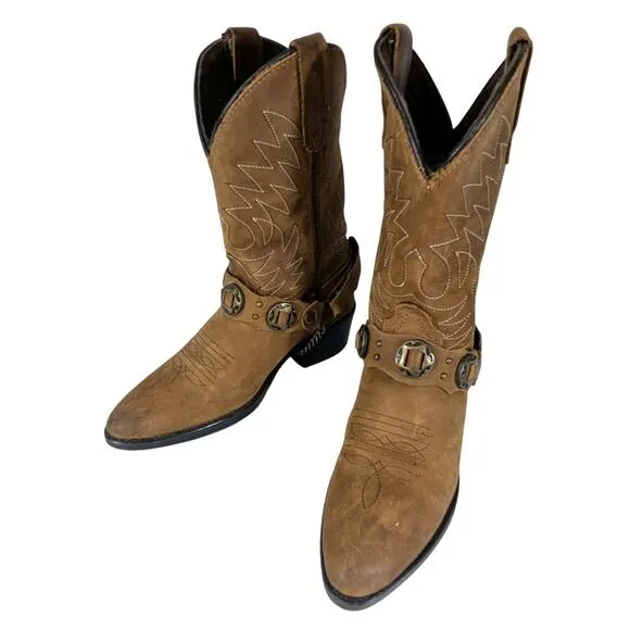 GORGEOUS FAWN BROWN GENUINE LEATHER FANCY STITCHED, CHAINED COWBOY BOOTS! SZ 13