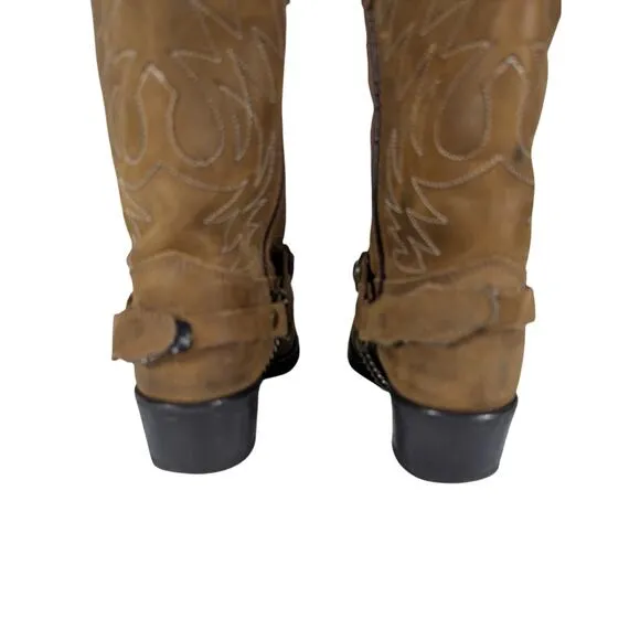 GORGEOUS FAWN BROWN GENUINE LEATHER FANCY STITCHED, CHAINED COWBOY BOOTS! SZ 13