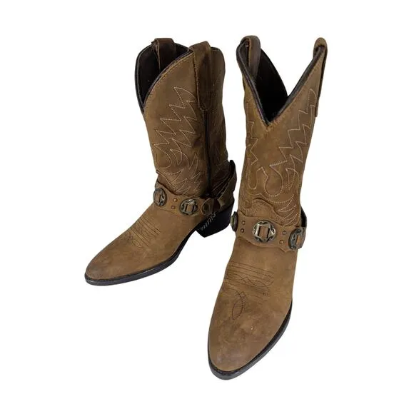 GORGEOUS FAWN BROWN GENUINE LEATHER FANCY STITCHED, CHAINED COWBOY BOOTS! SZ 13