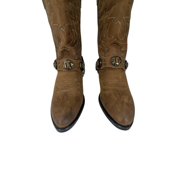GORGEOUS FAWN BROWN GENUINE LEATHER FANCY STITCHED, CHAINED COWBOY BOOTS! SZ 13