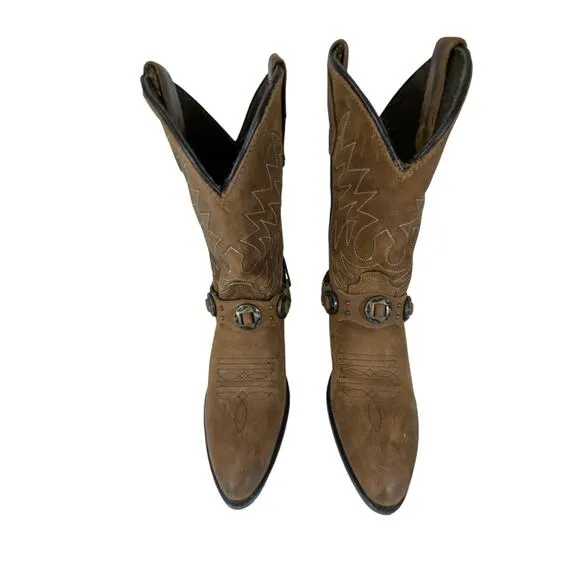 GORGEOUS FAWN BROWN GENUINE LEATHER FANCY STITCHED, CHAINED COWBOY BOOTS! SZ 13