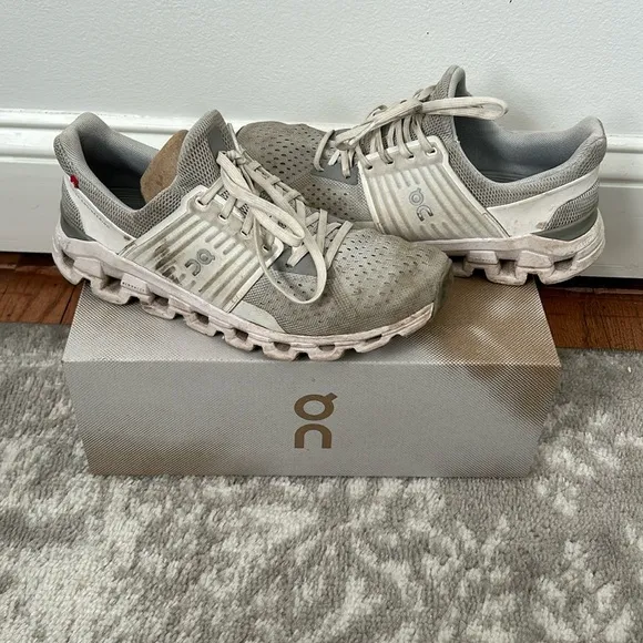 Gray and white On running shoes.