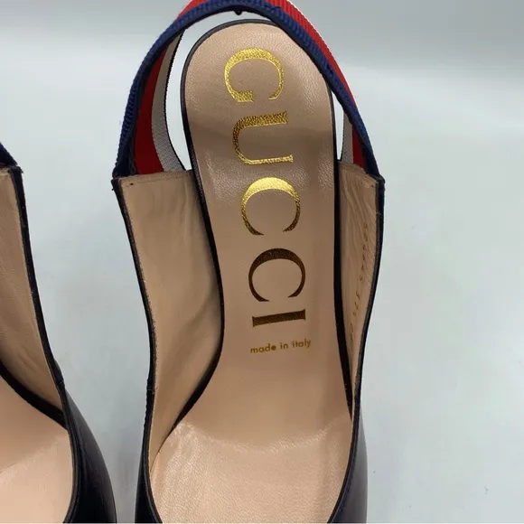 Gucci Malaga Silvie Web Leather Slingback Heels