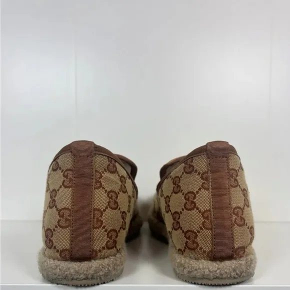 Gucci Tan Gold Slip-On Loafers with Monogram Pattern