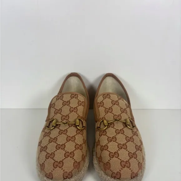 Gucci Tan Gold Slip-On Loafers with Monogram Pattern