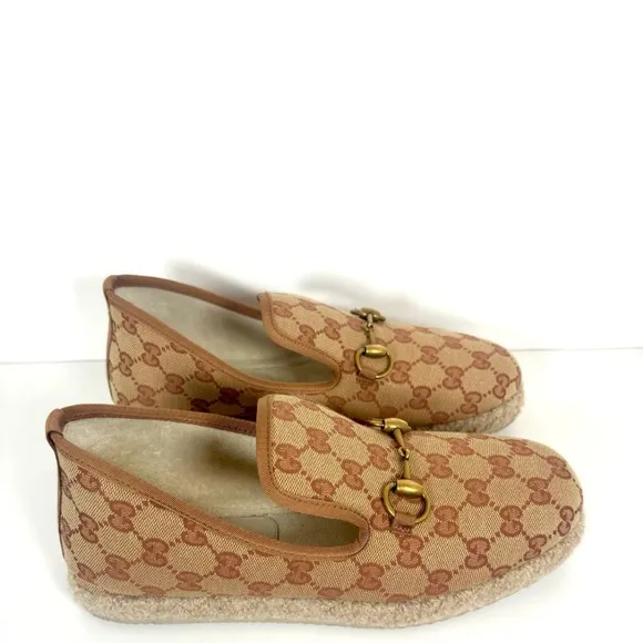 Gucci Tan Gold Slip-On Loafers with Monogram Pattern