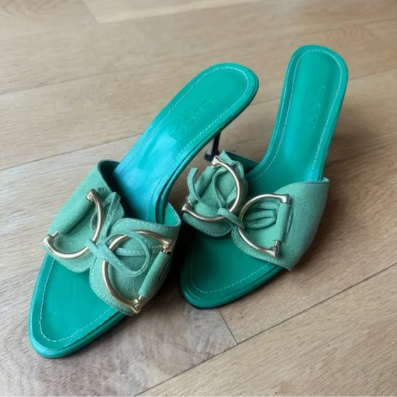 Gucci Y2K Green Suede Horsebit Kitten Mules