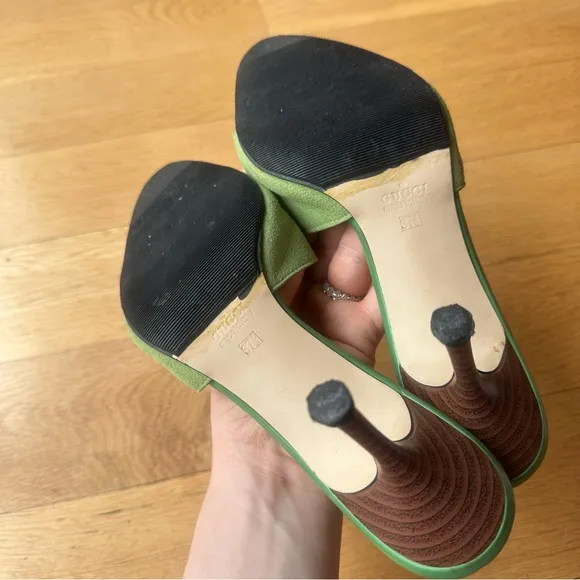 Gucci Y2K Green Suede Horsebit Kitten Mules