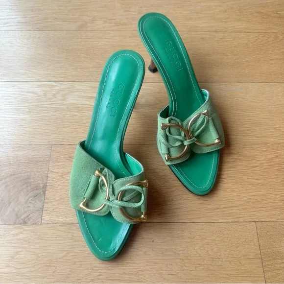 Gucci Y2K Green Suede Horsebit Kitten Mules