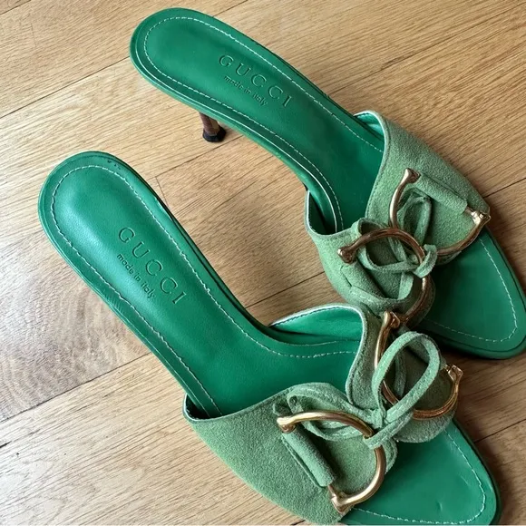 Gucci Y2K Green Suede Horsebit Kitten Mules