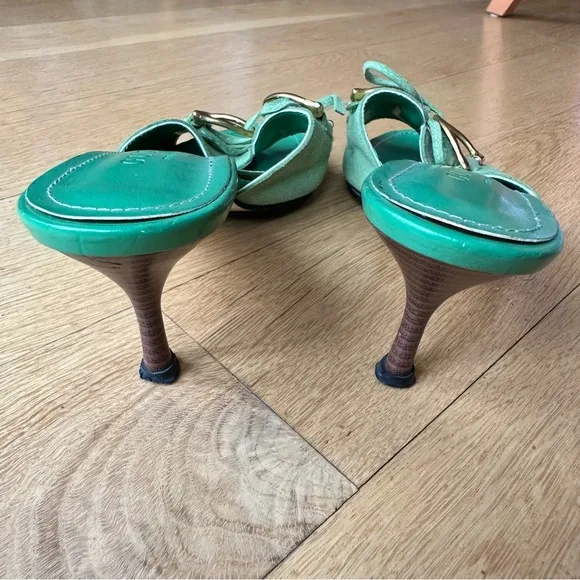 Gucci Y2K Green Suede Horsebit Kitten Mules