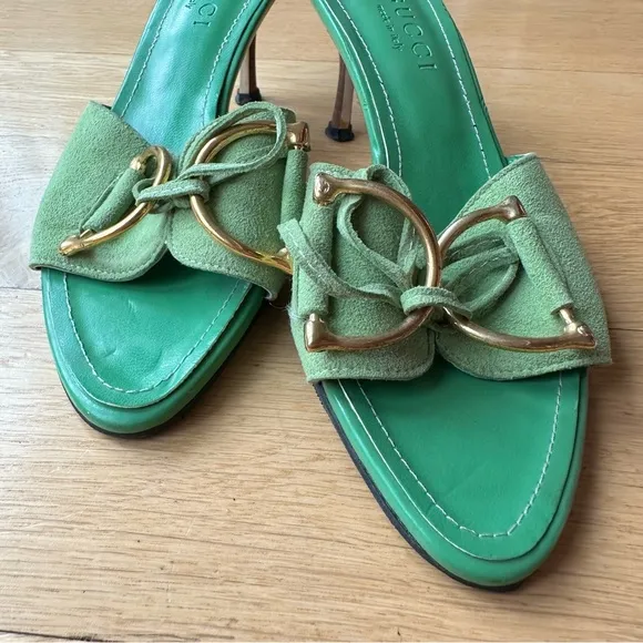 Gucci Y2K Green Suede Horsebit Kitten Mules