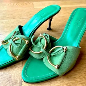 Gucci Y2K Green Suede Horsebit Kitten Mules