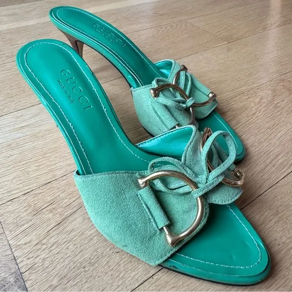 Gucci Y2K Green Suede Horsebit Kitten Mules