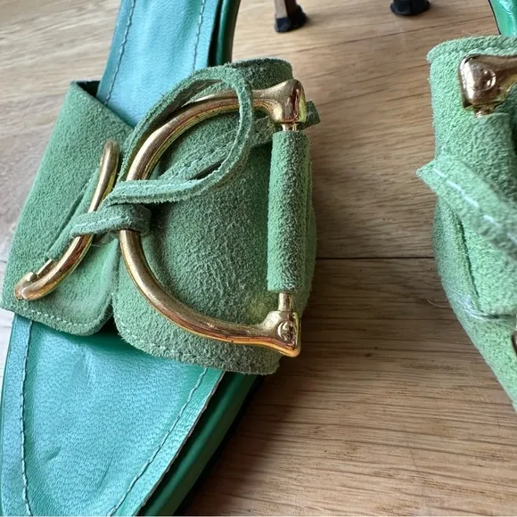 Gucci Y2K Green Suede Horsebit Kitten Mules