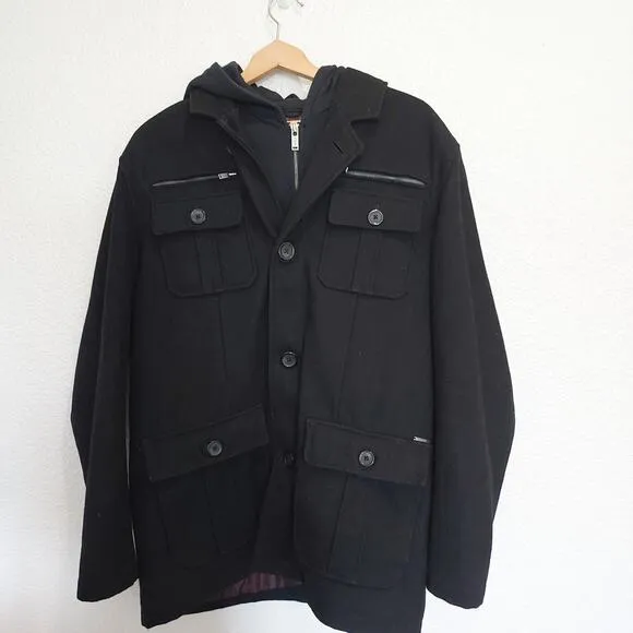 Guess Black Wool Blend Pea Coat Size L