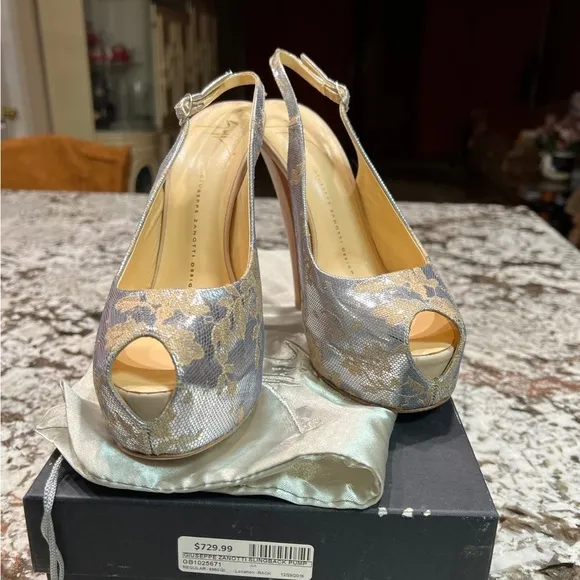GUISEPPE ZANOTTI LEATHER FLORAL PRINT SLINGBACK PUMPS       SIZE 39