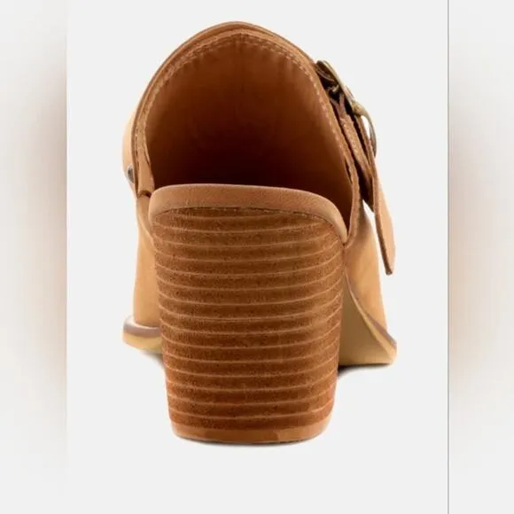 [H138] RAG &amp; CO [TARRAH] Tan Stacked Heel Mules With Adjustable Buckle, Size 10
