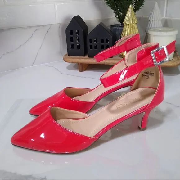 [H464] Chase   Chloe Red Patent Leather Kitten Buckle Strap Heels, Size 10