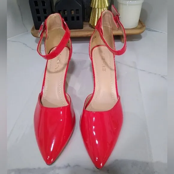 [H464] Chase   Chloe Red Patent Leather Kitten Buckle Strap Heels, Size 10