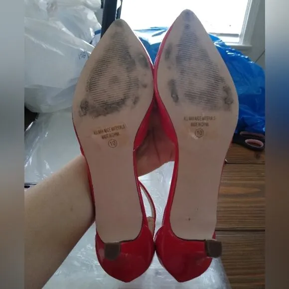 [H464] Chase   Chloe Red Patent Leather Kitten Buckle Strap Heels, Size 10