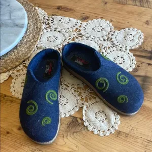 Haflinger Blue and Green Felt Mules with Artistic Swirl Design