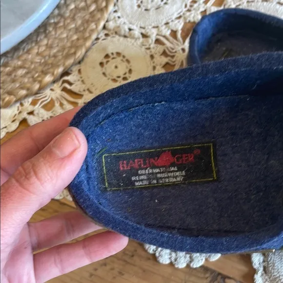 Haflinger Blue and Green Felt Mules with Artistic Swirl Design