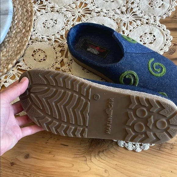 Haflinger Blue and Green Felt Mules with Artistic Swirl Design
