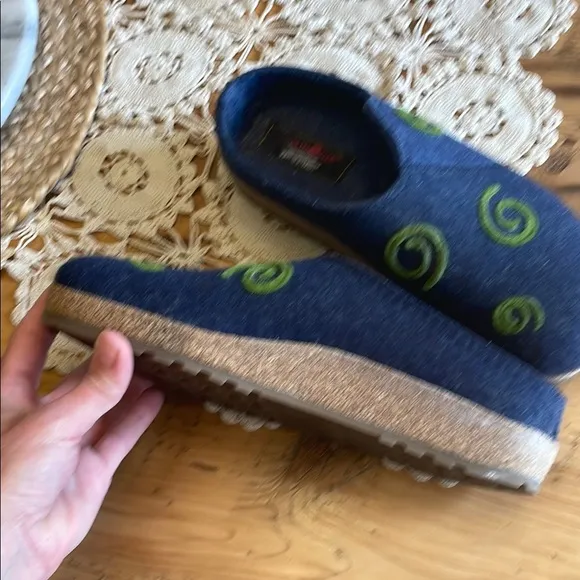 Haflinger Blue and Green Felt Mules with Artistic Swirl Design
