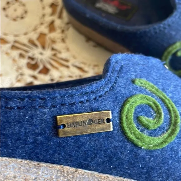 Haflinger Blue and Green Felt Mules with Artistic Swirl Design