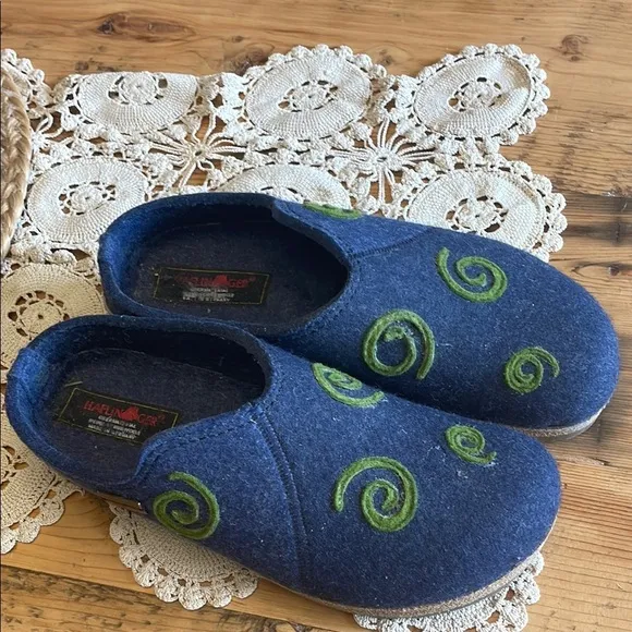 Haflinger Blue and Green Felt Mules with Artistic Swirl Design