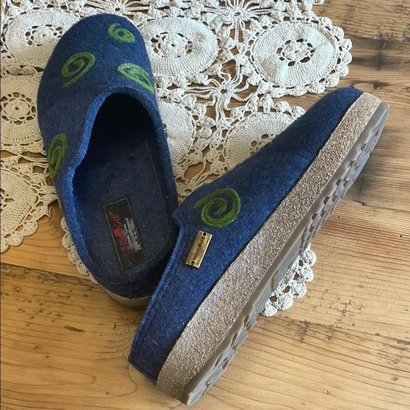 Haflinger Blue and Green Felt Mules with Artistic Swirl Design