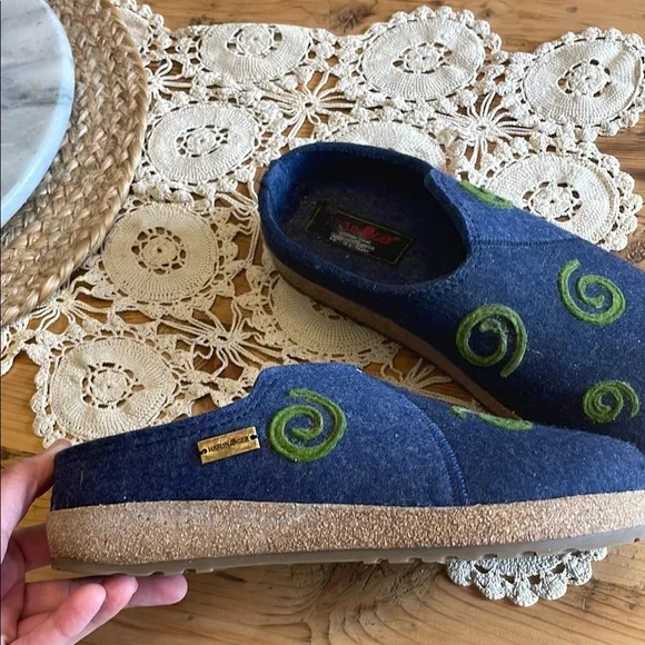 Haflinger Blue and Green Felt Mules with Artistic Swirl Design