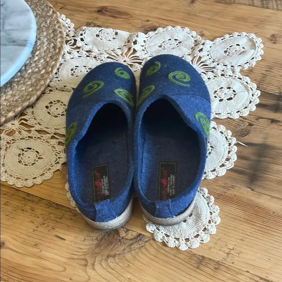 Haflinger Blue and Green Felt Mules with Artistic Swirl Design