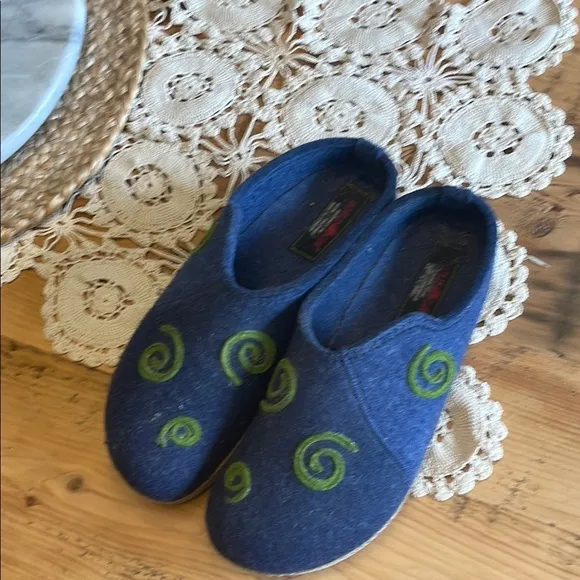 Haflinger Blue and Green Felt Mules with Artistic Swirl Design