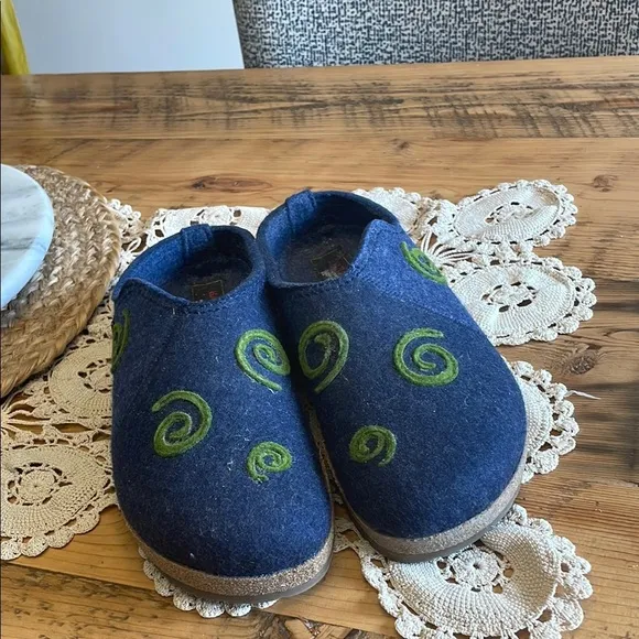 Haflinger Blue and Green Felt Mules with Artistic Swirl Design