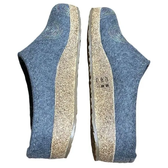 Haflinger Clog WMNS 6 Pure Wool Grey Embroidered  EU 37 Mule Cork Slip On Cozy