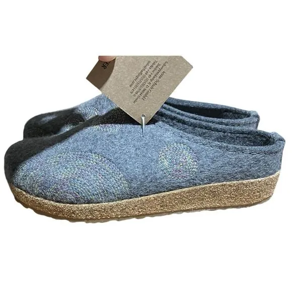 Haflinger Clog WMNS 6 Pure Wool Grey Embroidered  EU 37 Mule Cork Slip On Cozy