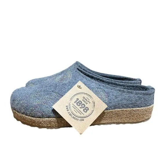Haflinger Clog WMNS 6 Pure Wool Grey Embroidered  EU 37 Mule Cork Slip On Cozy