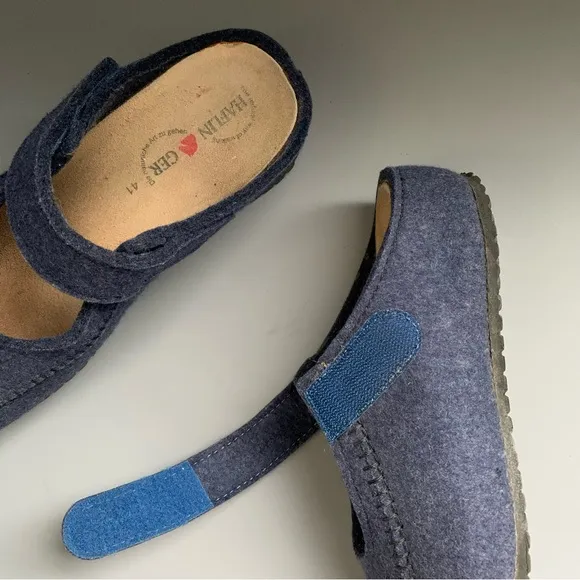Haflinger Mary Jane Blue Wool Felt Comfort Orthopedic German Clogs Mules Rare 10