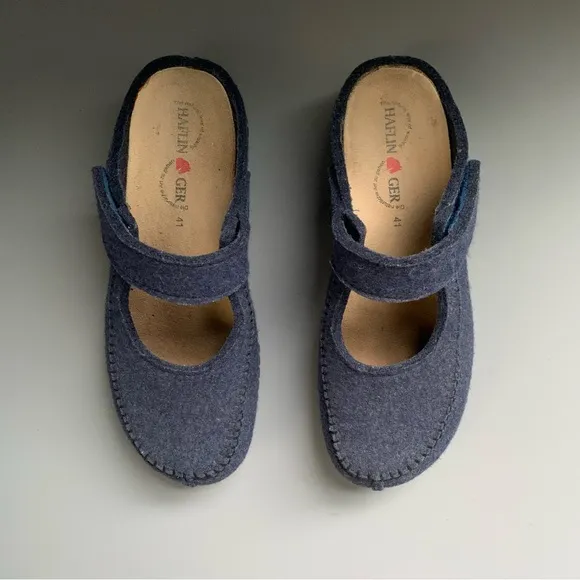 Haflinger Mary Jane Blue Wool Felt Comfort Orthopedic German Clogs Mules Rare 10