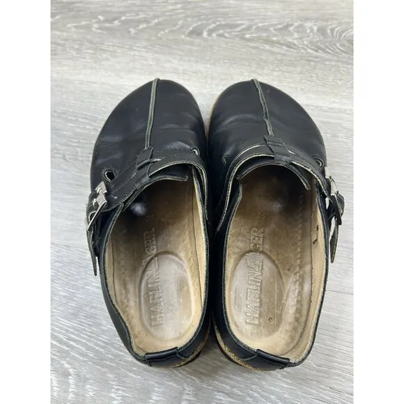 Haflinger Women's Mules Hope Black Leather Cork Bed Slip On Comfort  Size 5.5