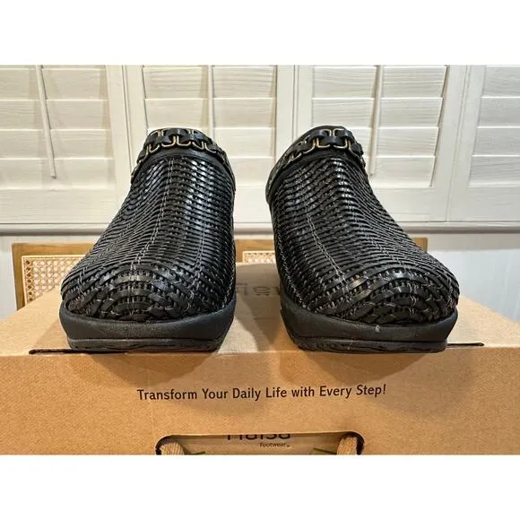 Halsa Footwear Chloe Clog Black Sz 8 NIB Woven Upper Chain Hardware Arch Support