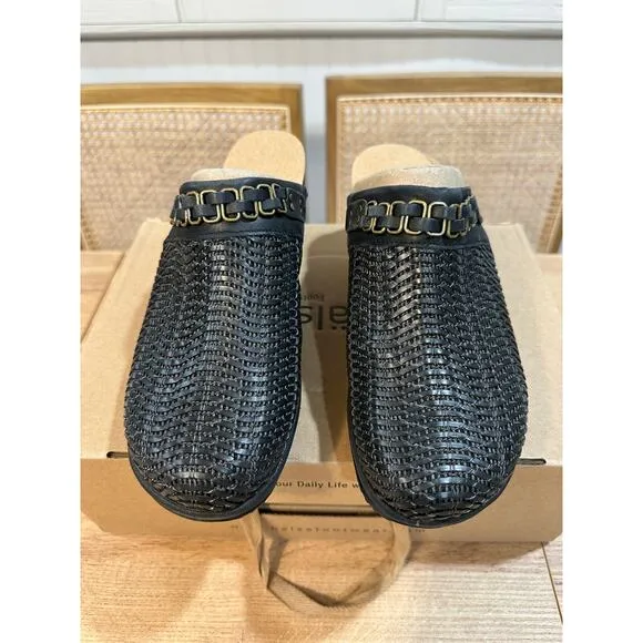 Halsa Footwear Chloe Clog Black Sz 8 NIB Woven Upper Chain Hardware Arch Support
