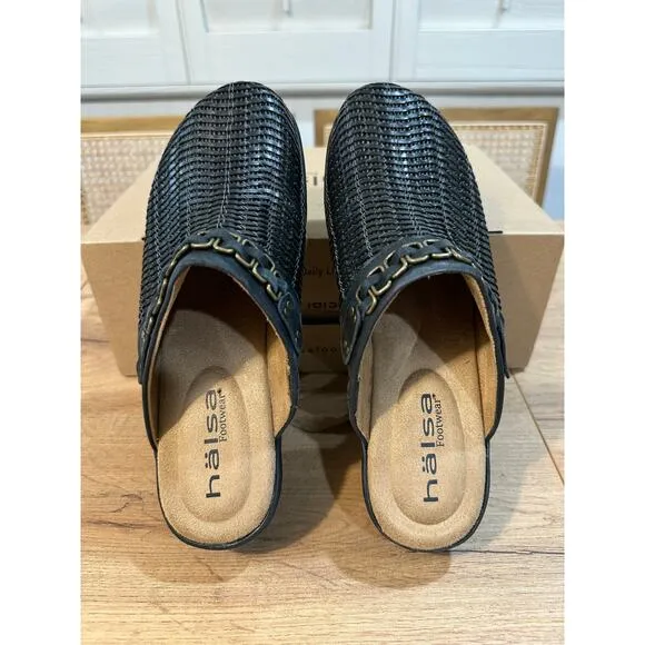 Halsa Footwear Chloe Clog Black Sz 8 NIB Woven Upper Chain Hardware Arch Support