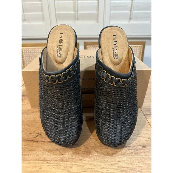 Halsa Footwear Chloe Clog Black Sz 8 NIB Woven Upper Chain Hardware Arch Support