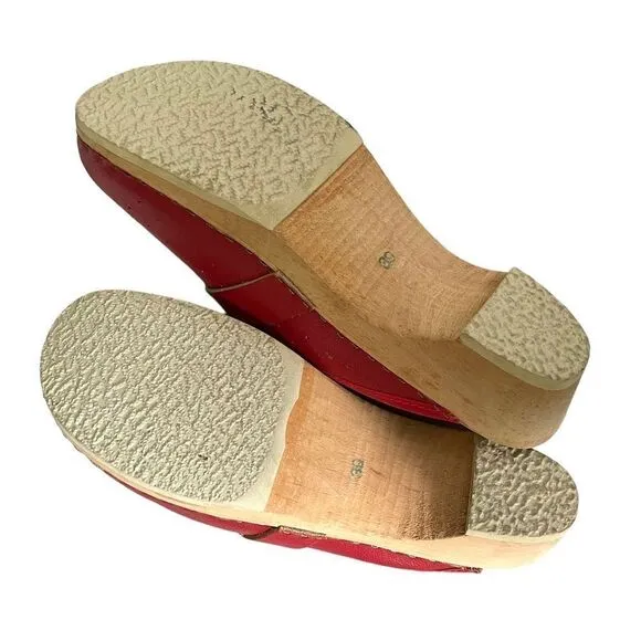 HAND MADE Leather Slip-On Clogs Heel Wooden Sole Bottom Red Tan 39