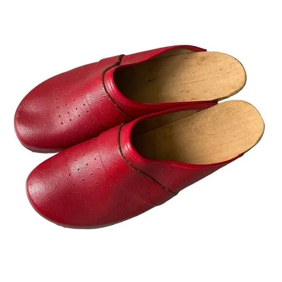 HAND MADE Leather Slip-On Clogs Heel Wooden Sole Bottom Red Tan 39