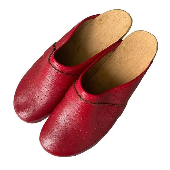 HAND MADE Leather Slip-On Clogs Heel Wooden Sole Bottom Red Tan 39